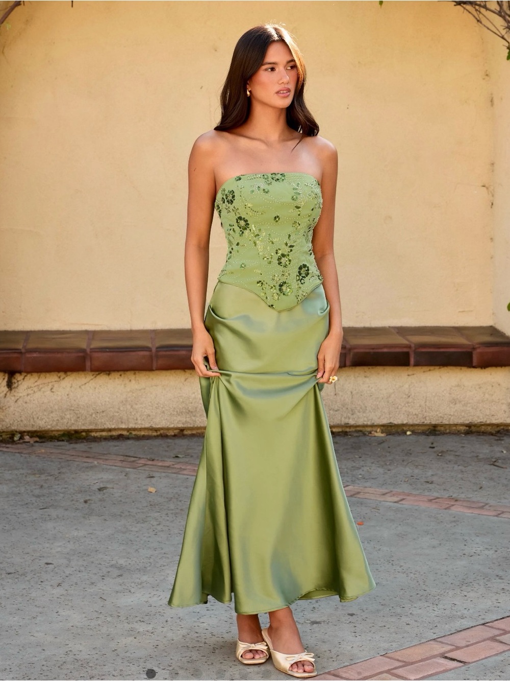 NWT Cider Strapless Olive Green Embellished Beaded Satin Corset Skirt Set 2piece